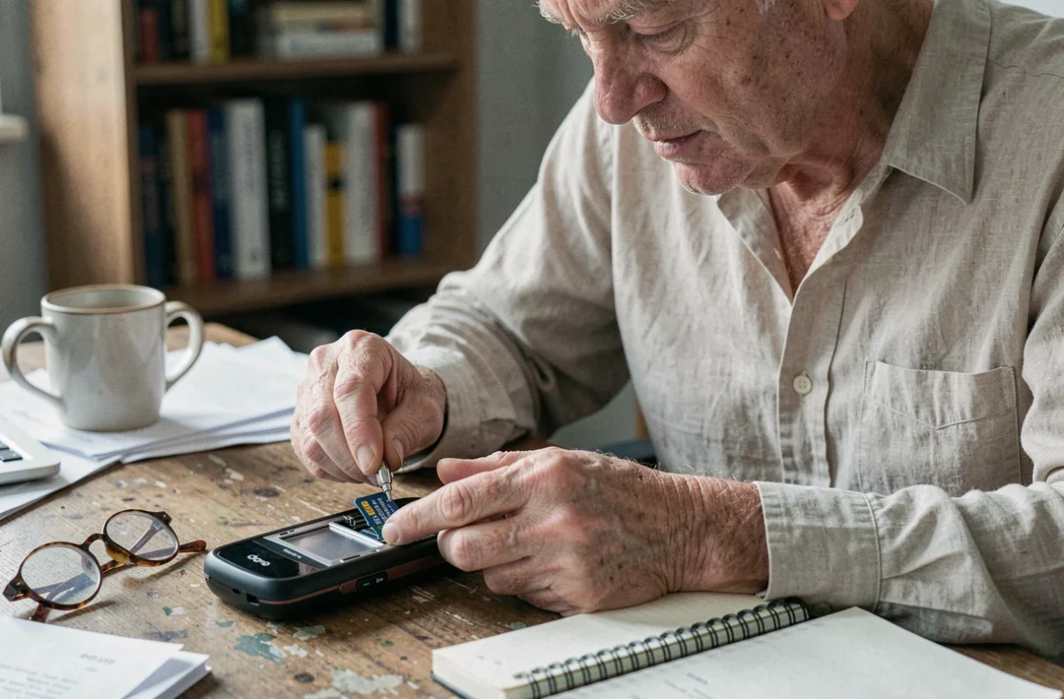 Homme senior insérant une carte SD dans le tiroir d'un téléphone Doro sur un bureau