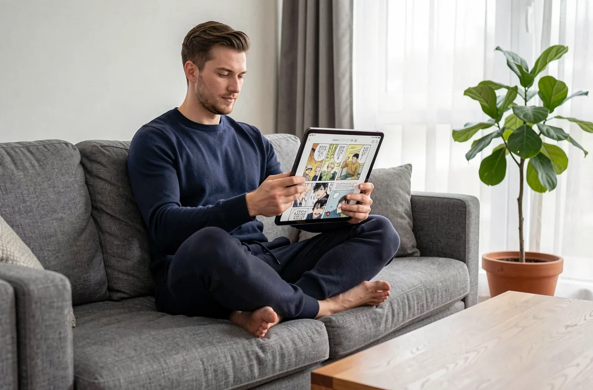 Homme lisant un chapitre de manga sur une tablette dans son salon, représentant la lecture de scans en ligne sur des plateformes comme CrunchyScans