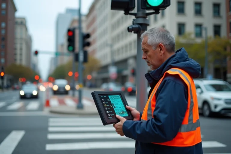 Ingénieur urbain vérifiant un feu intelligent en ville