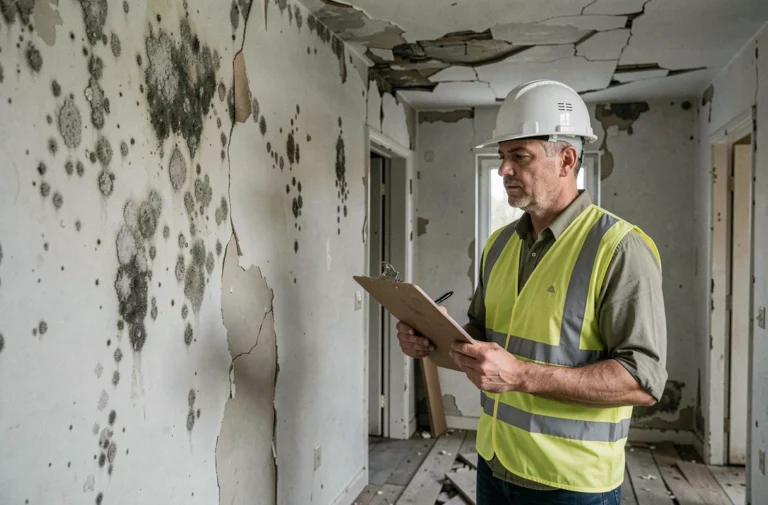 Inspecteur immobilier examinant une paroi moisie et dégradée dans un logement insalubre