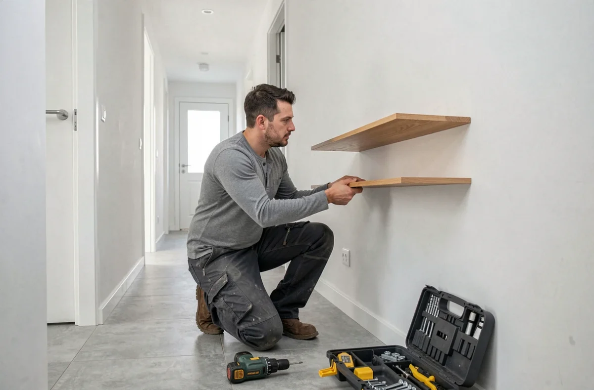 Homme installant une étagère flottante en bois dans un couloir d'appartement contemporain lors de travaux de décoration