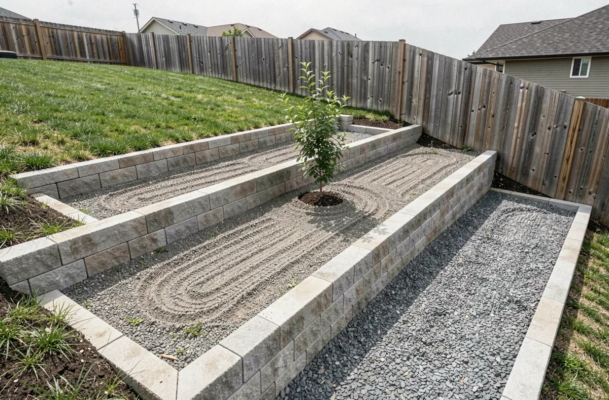 Jardin en terrasses aménagé sur une forte pente avec murs de soutènement en béton et différents niveaux paysagés