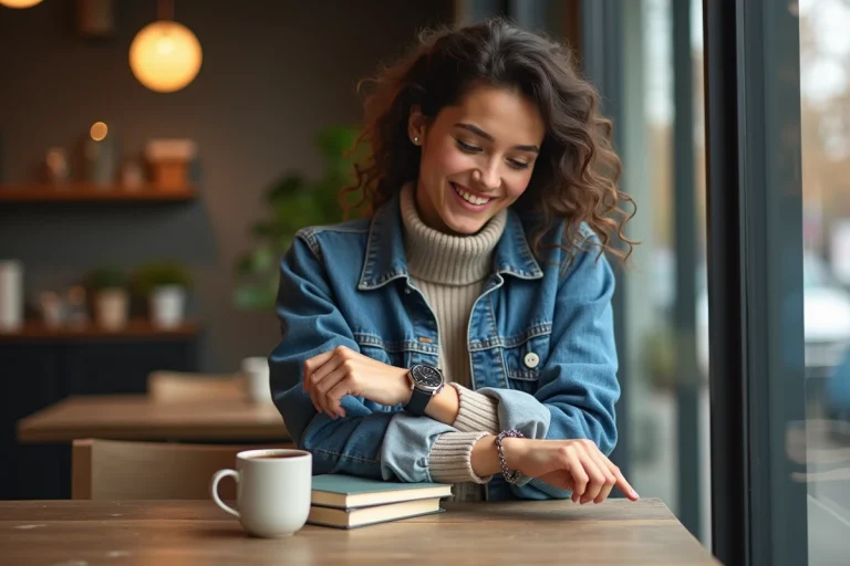 Jeune femme en denim vérifiant sa montre dans un café