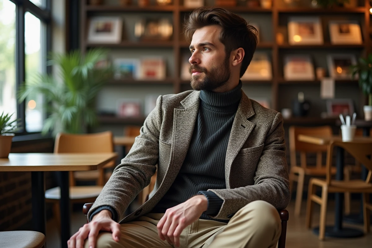 Jeune homme en mode décontracté dans un café moderne