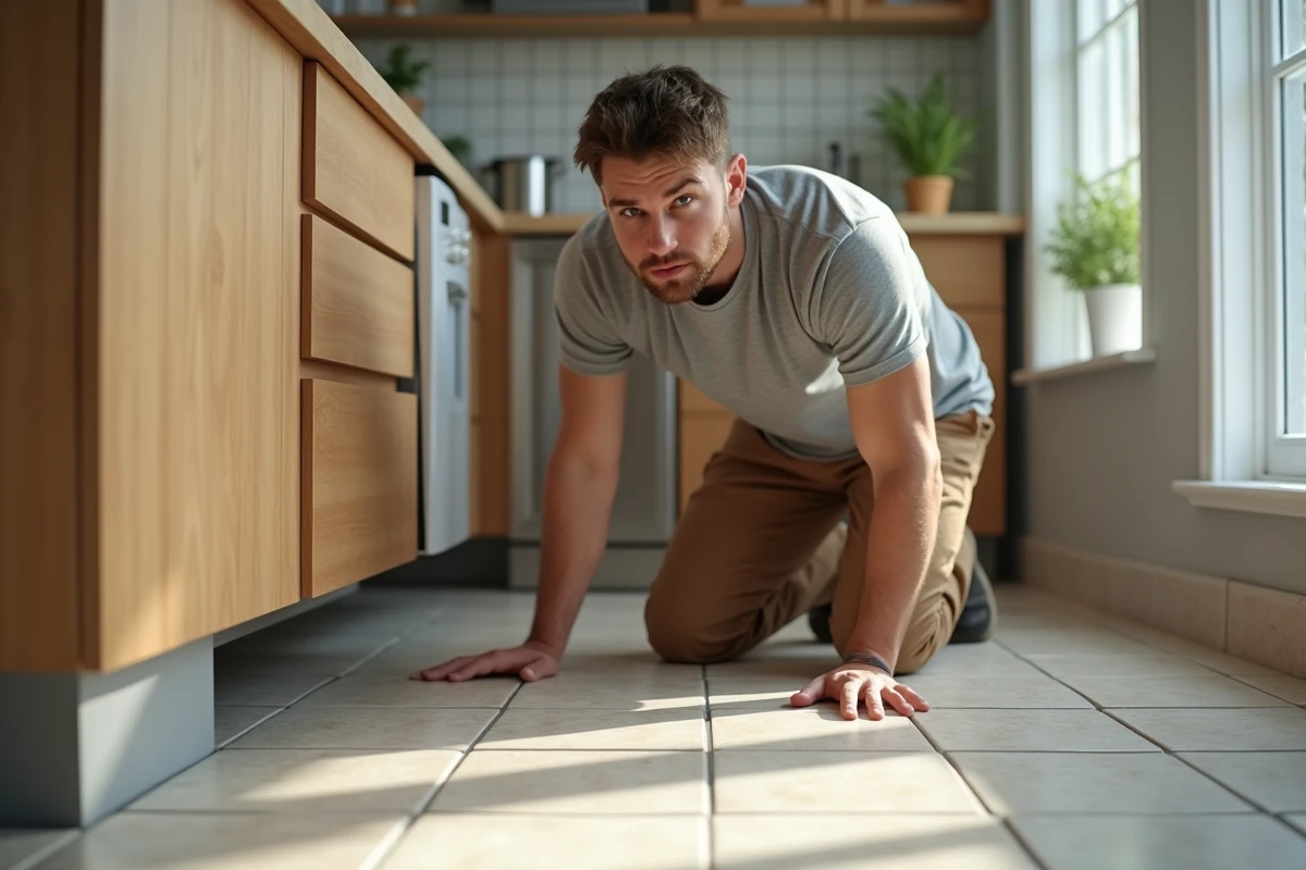 Jeune homme posant des carreaux de sol dans une cuisine ensoleillee