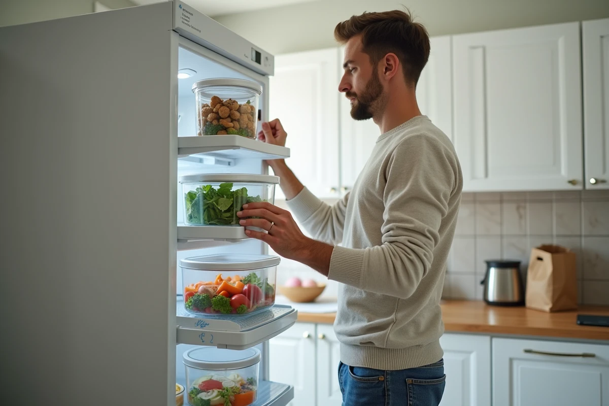 Jeune homme rangeant contenants dans le frigo