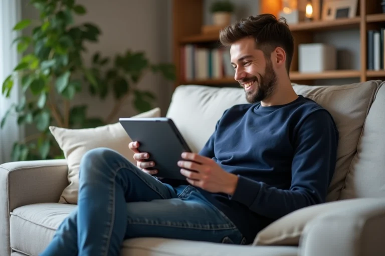 Jeune homme regardant un match sur tablette dans un salon cosy