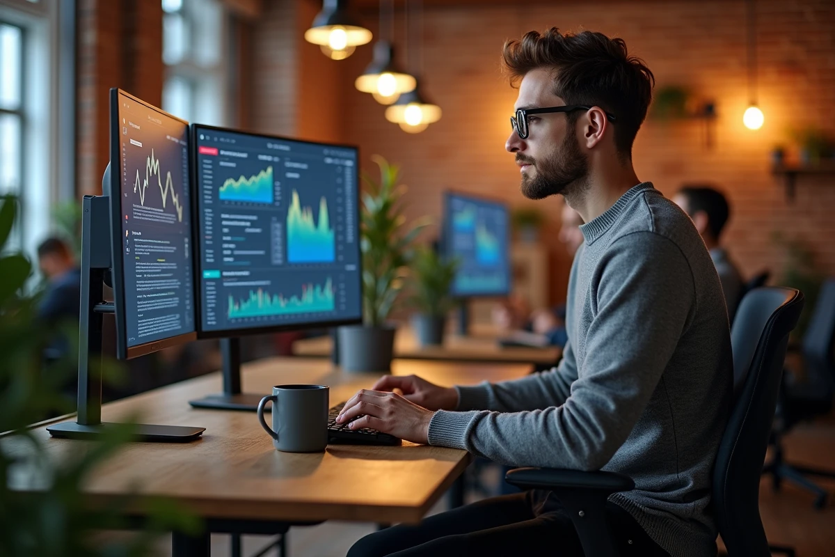 Jeune professionnel concentré sur des analyses de tendances et innovations business dans un espace de coworking moderne en 2024