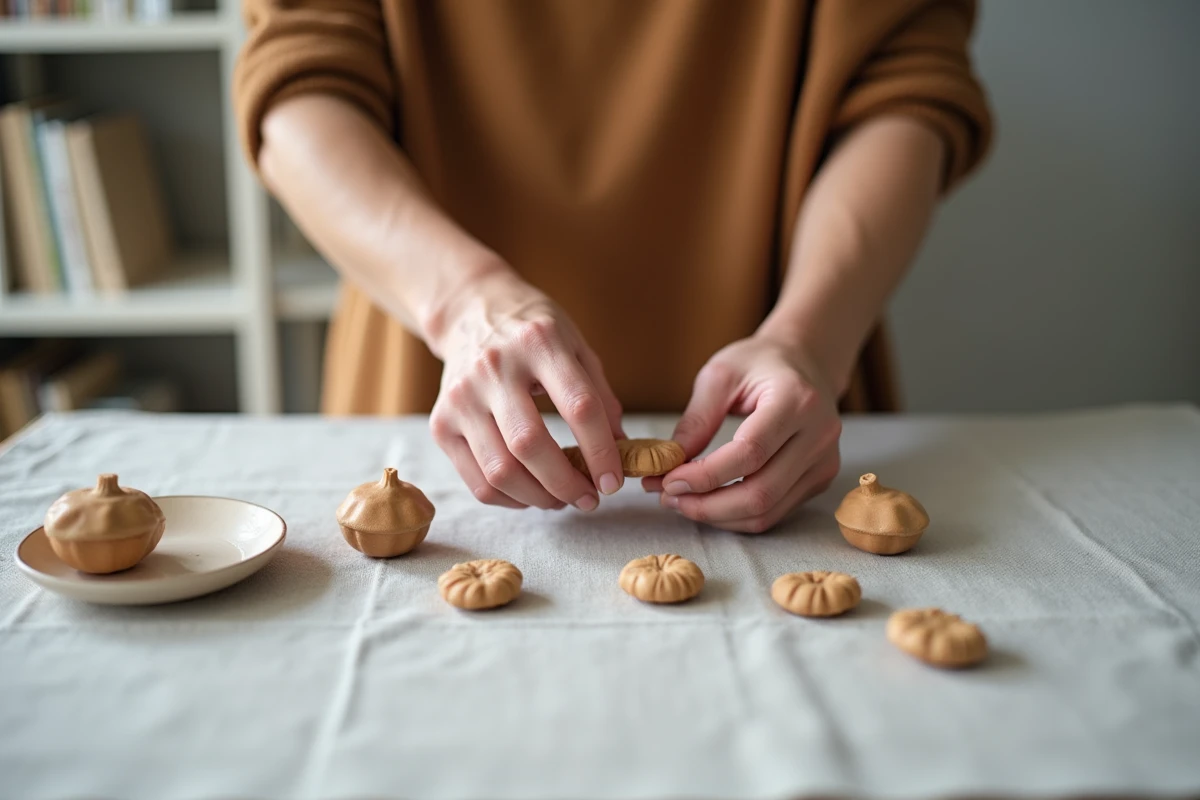 Mains adultes inspectant des produits artisanaux non identifiés posés sur un tissu de lin gris dans un intérieur minimaliste