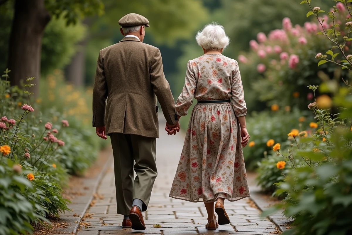 Couple âgé marchant main dans la main dans un jardin fleuri