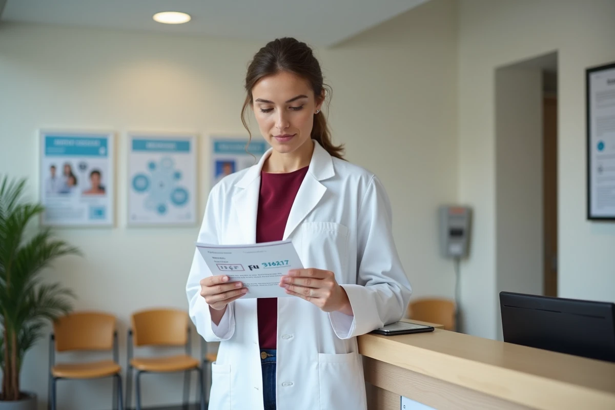 Médecin généraliste présentant une brochure d'information sur le 116 117 dans une maison de santé en Normandie