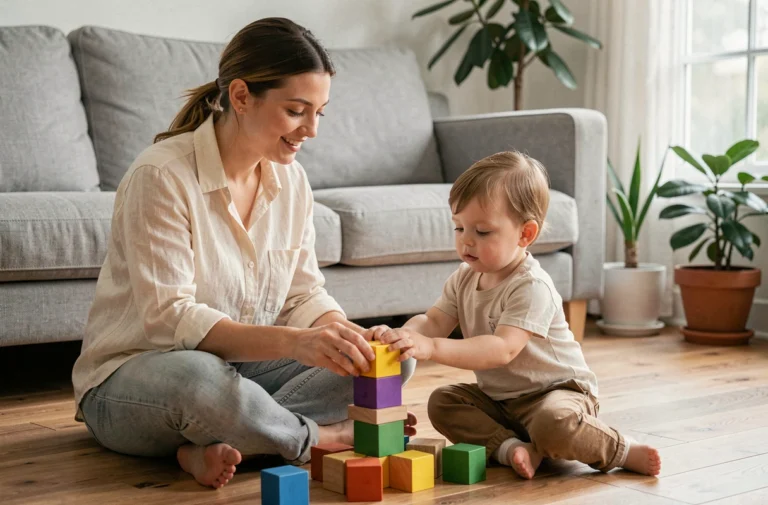 Mère accompagnant son enfant en bas âge dans un jeu de construction en bois sur le sol d'un salon chaleureux