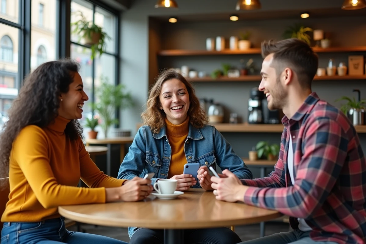 Groupe de jeunes professionnels en réseau lors d'un événement networking startup dans un café urbain