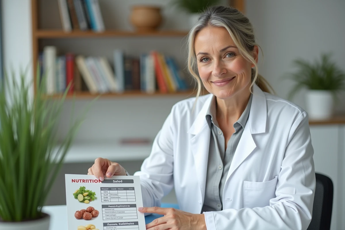 Nutritionniste pointant un tableau de valeurs caloriques pour expliquer l'impact de la salade piémontaise sur la prise de poids