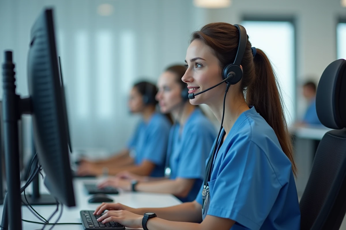 Opératrice médicale au téléphone dans un centre de régulation des soins non programmés en Normandie, illustrant le service 116 117