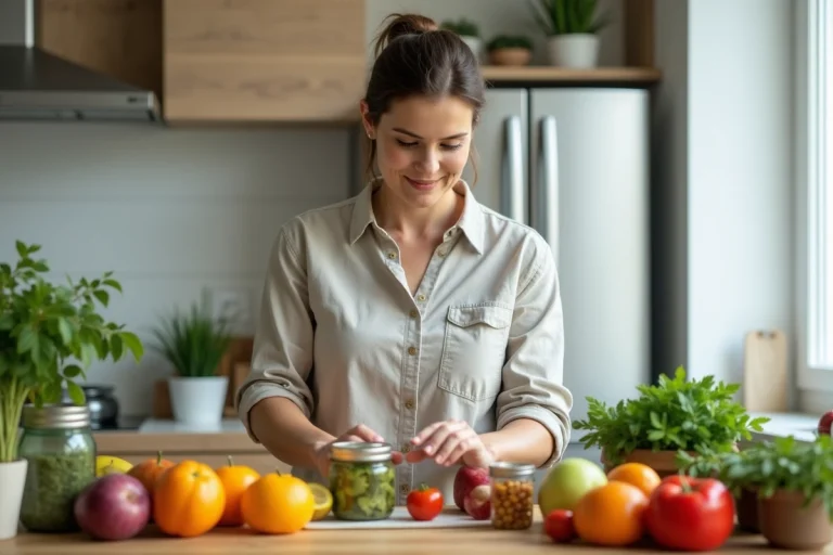 Femme organisée avec fruits et légumes dans la cuisine