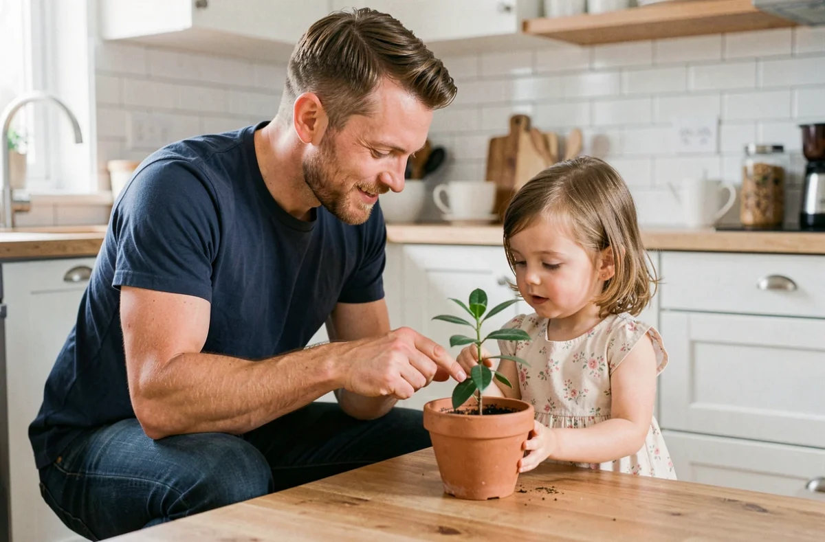Père et fille découvrant ensemble une plante en pot dans une cuisine moderne, favorisant l'éveil et la curiosité