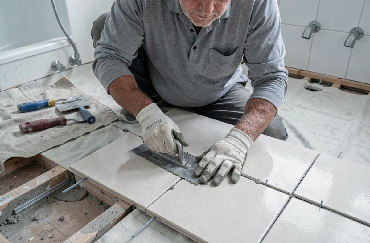 Artisan posant des carreaux en céramique sur le sol d'une salle de bain en cours de rénovation