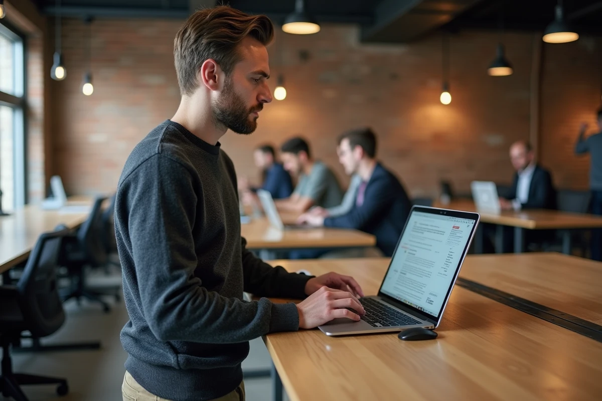 Jeune homme préparant sa candidature pour un poste en startup sur un ordinateur portable dans un espace de coworking