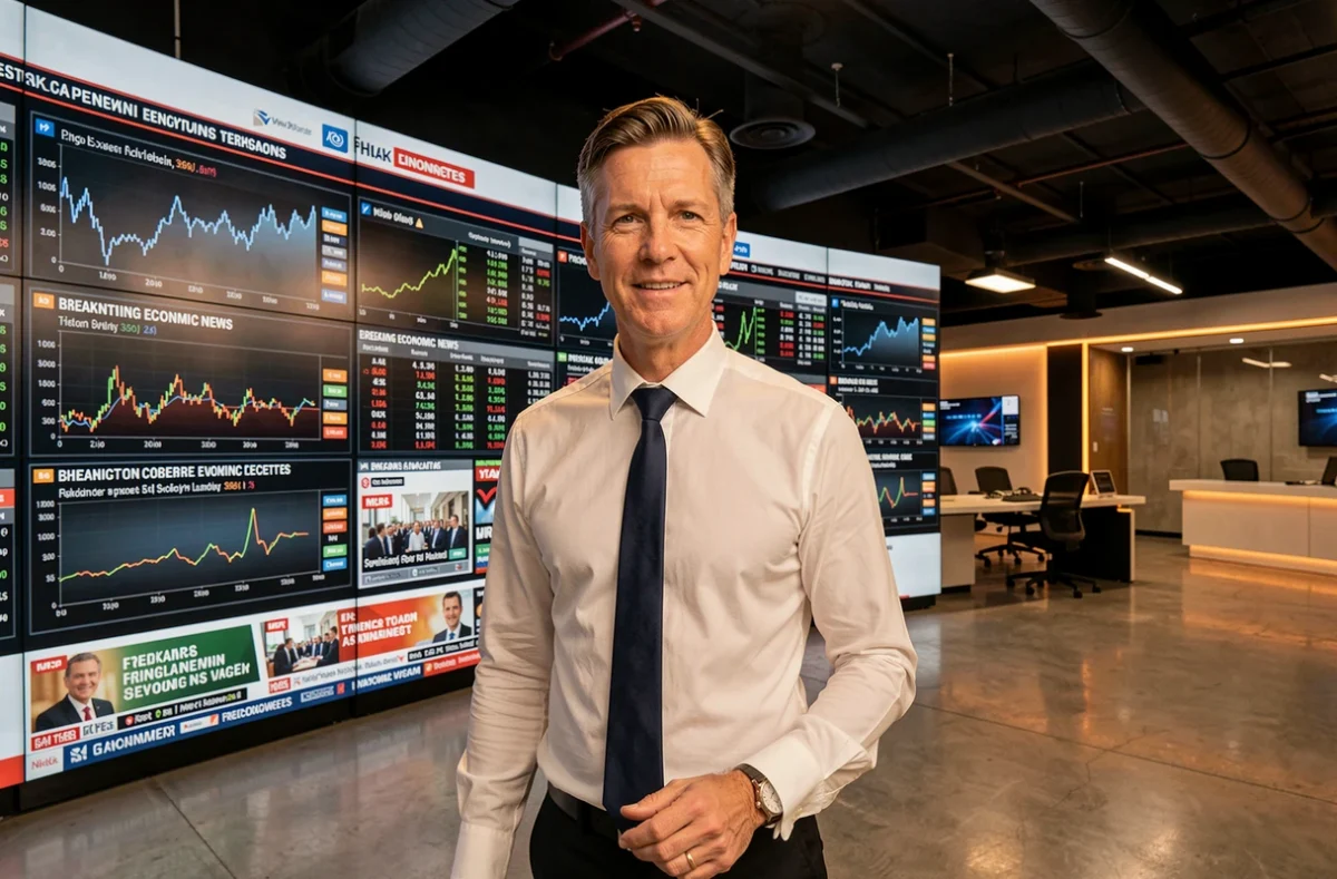 Présentateur financier devant un écran mural affichant les indices boursiers mondiaux en direct dans un studio de presse économique