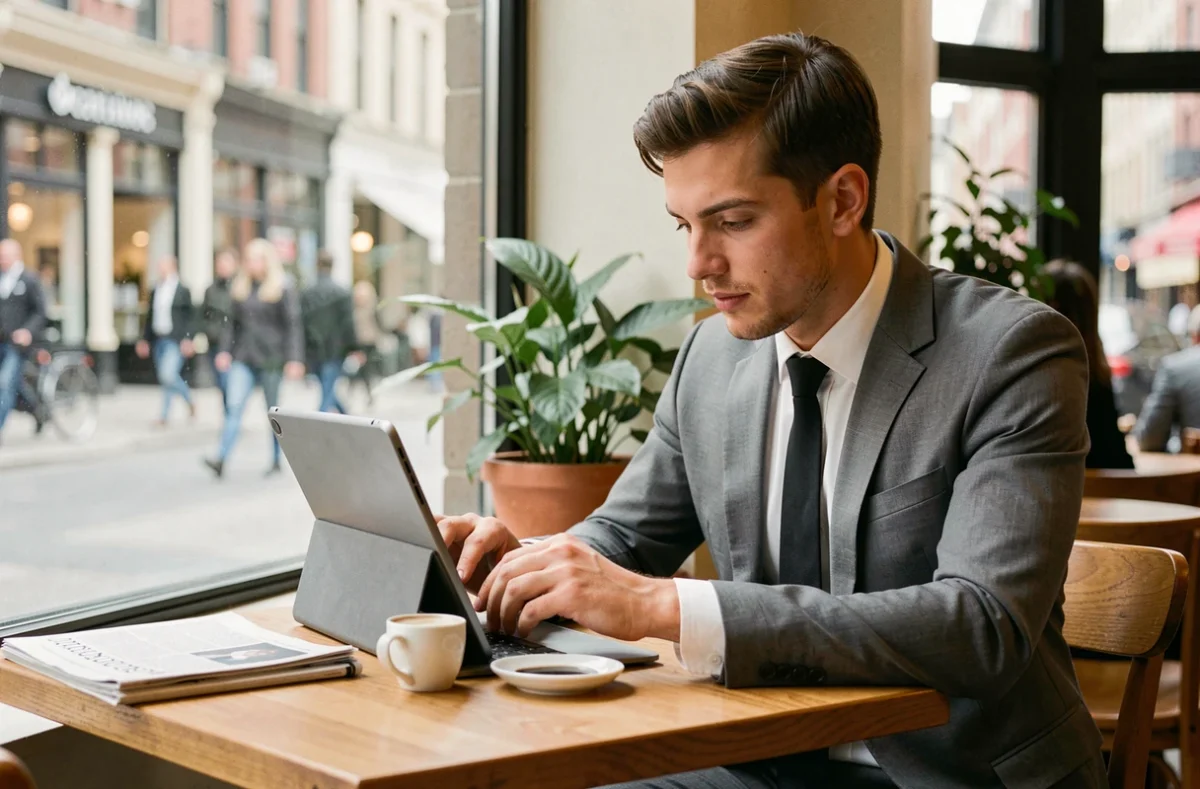 Jeune professionnel consultant les actualités financières en temps réel sur une tablette dans un café urbain