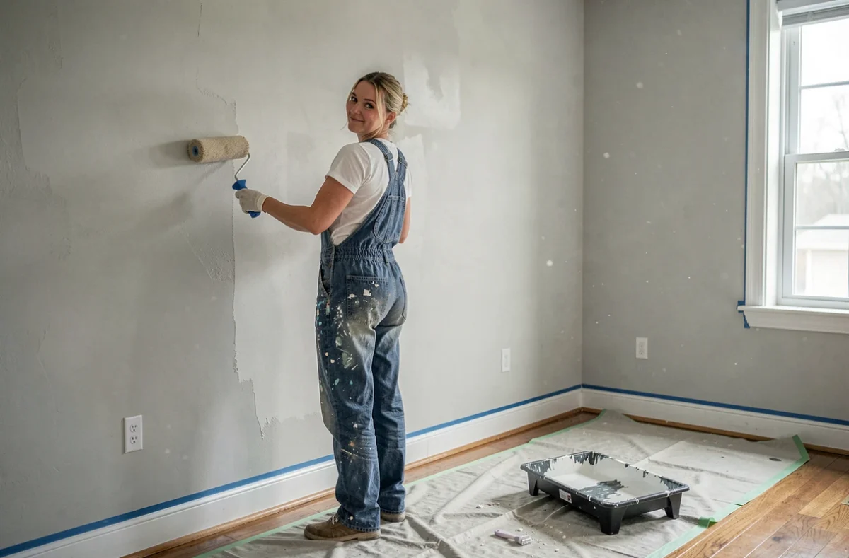 Femme peignant un mur de salon en blanc avec un rouleau lors de travaux de rénovation intérieure