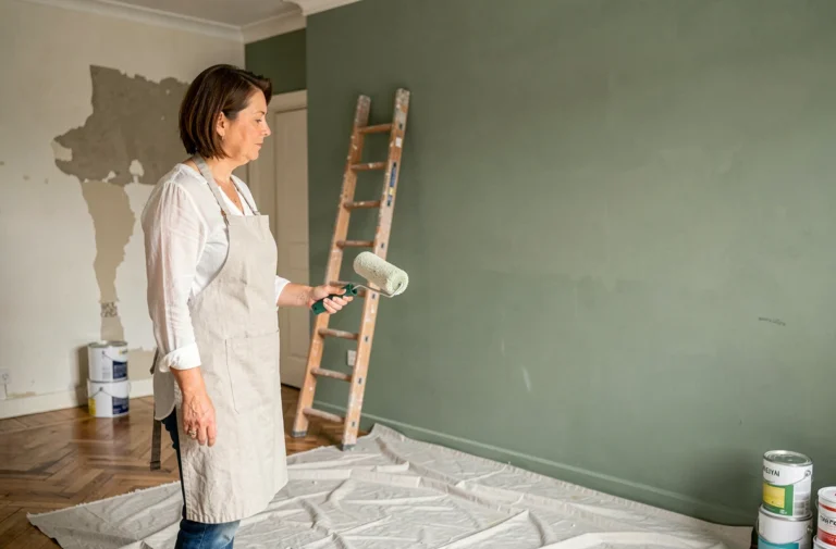 Femme en train de peindre un mur vert sauge dans un salon en cours de rénovation intérieure