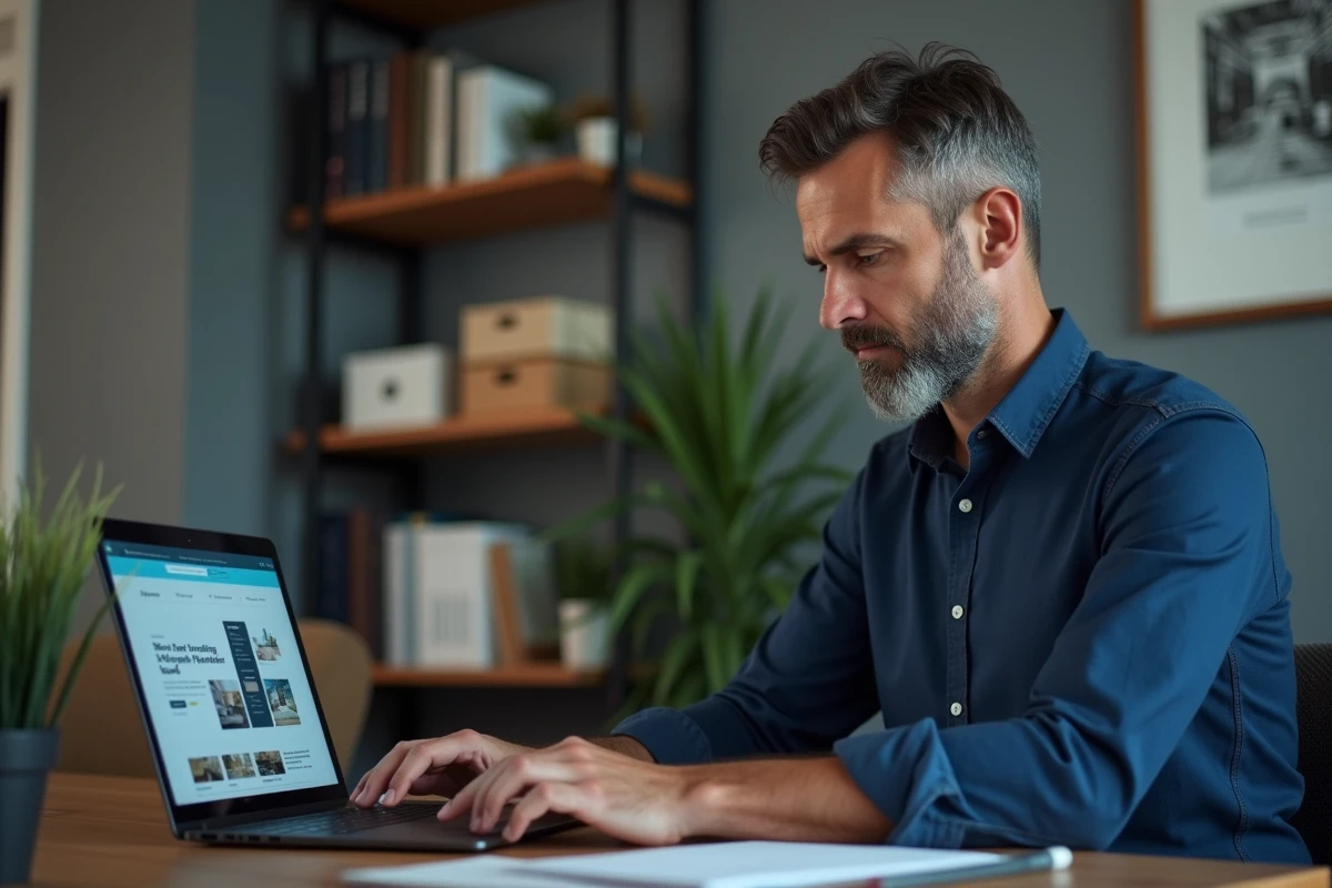 Homme analysant les modalités de réservation Airbnb sur un ordinateur portable dans un bureau à domicile