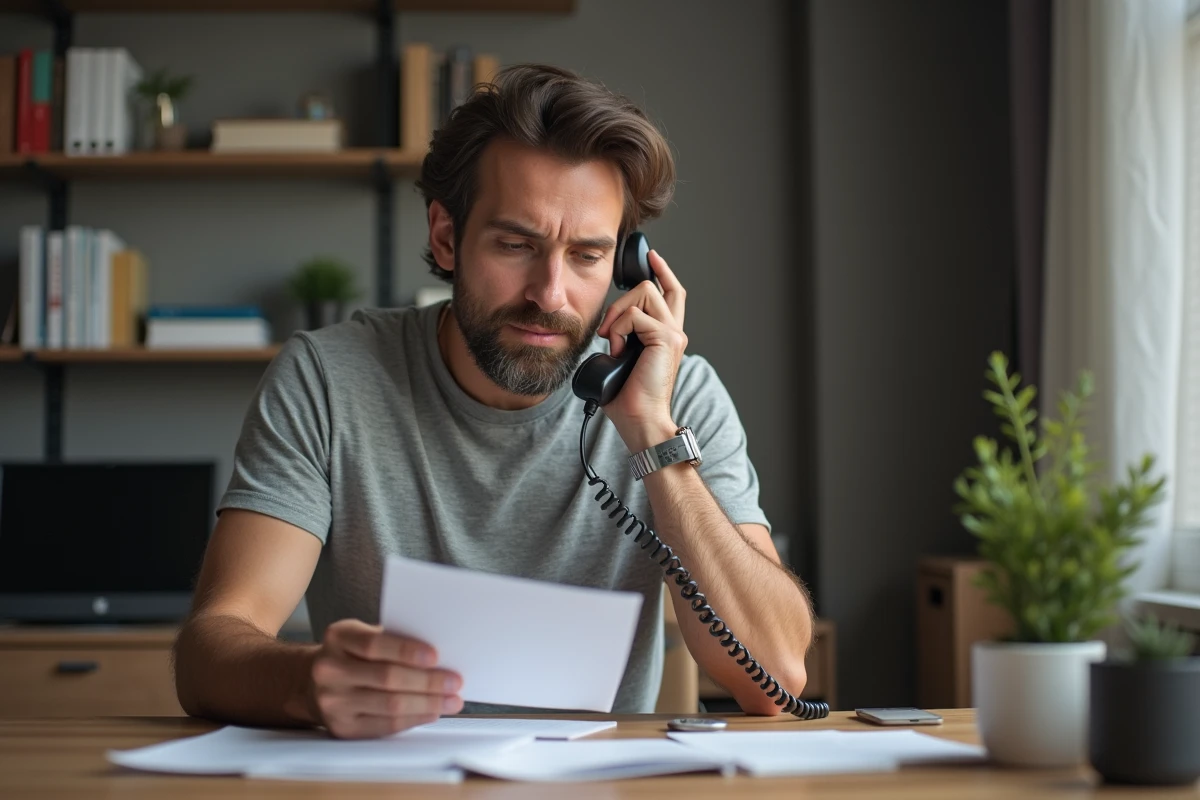 Homme lisant les conditions de résiliation de sa Freebox à son bureau à domicile à Évry