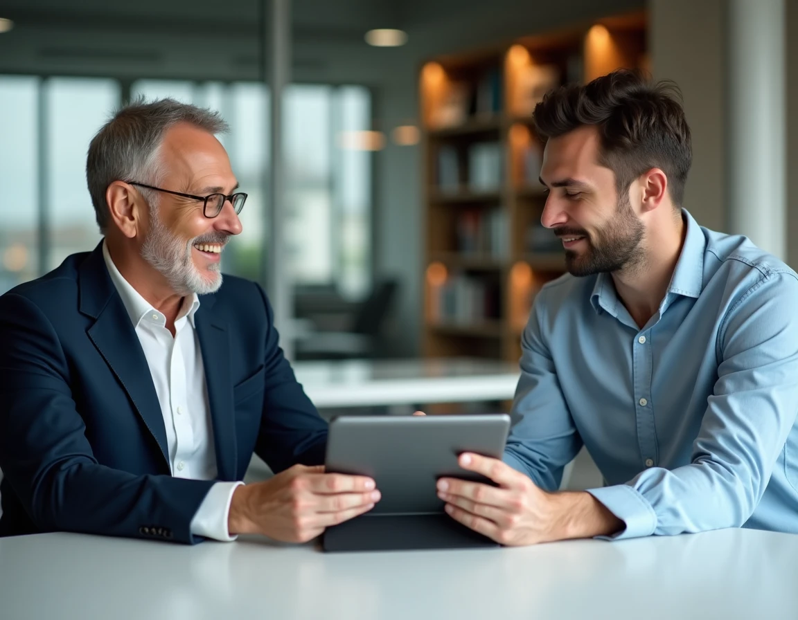 Deux hommes d'affaires utilisant une application de traduction audio lors d'une réunion