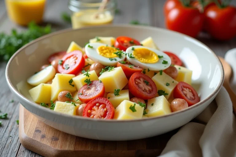 Salade piémontaise traditionnelle dans un bol en céramique blanche avec pommes de terre, œufs durs, tomates et mayonnaise maison