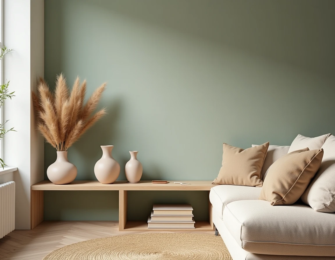 Salon scandinave moderne avec étagère en chêne, vases en céramique, canapé bouclé crème et tapis jute sur parquet en chevron — inspiration déco tendance