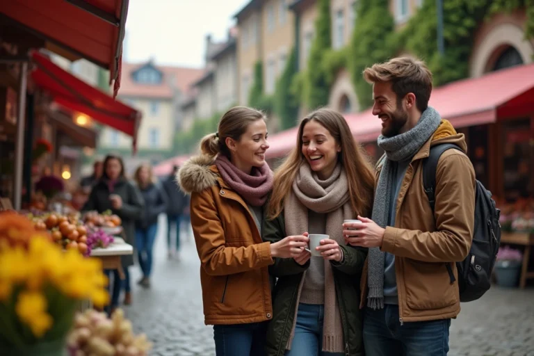 Groupe d'amis explorant un marché artisanal en plein air lors d'une sortie de loisirs le week-end
