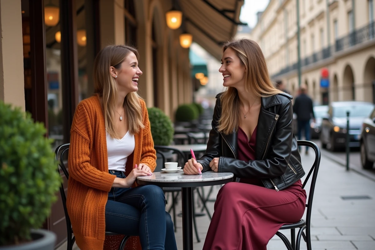 Deux amies élégamment vêtues aux tendances mode automnales attablées à la terrasse d'un café européen, looks saisonniers contrastés