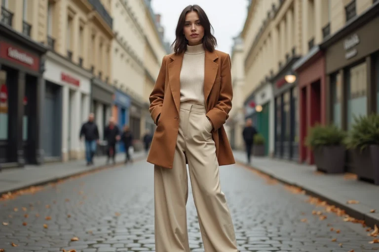 Femme élégante portant un blazer camel oversize et un pantalon large ivoire dans une rue pavée parisienne en automne, tendances mode saison