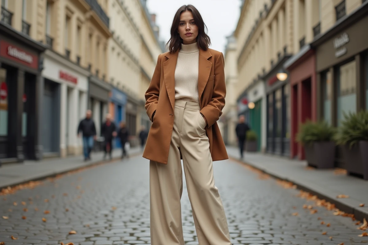 Femme élégante portant un blazer camel oversize et un pantalon large ivoire dans une rue pavée parisienne en automne, tendances mode saison
