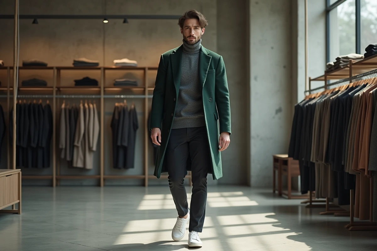 Homme stylé en manteau en laine vert forêt dans un concept store minimaliste, inspirations mode masculine tendances automne-hiver
