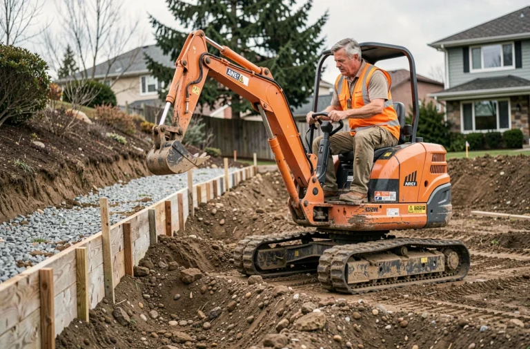 Ouvrier conduisant une mini-pelle sur un terrain en pente lors de travaux de terrassement dans un jardin résidentiel