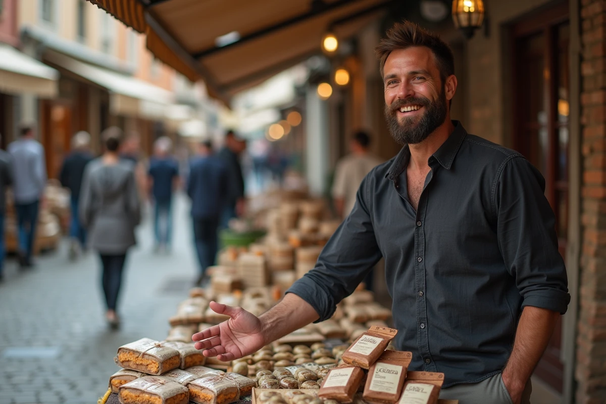 Vendeur présentant des produits artisanaux étiquetés sur un étal de marché urbain en plein air