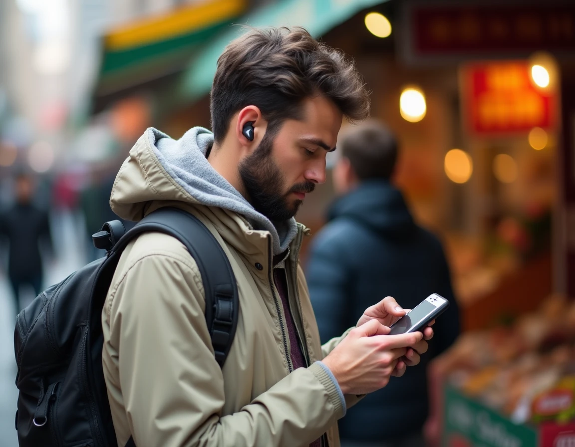 Voyageur utilisant un traducteur audio gratuit dans un marché étranger